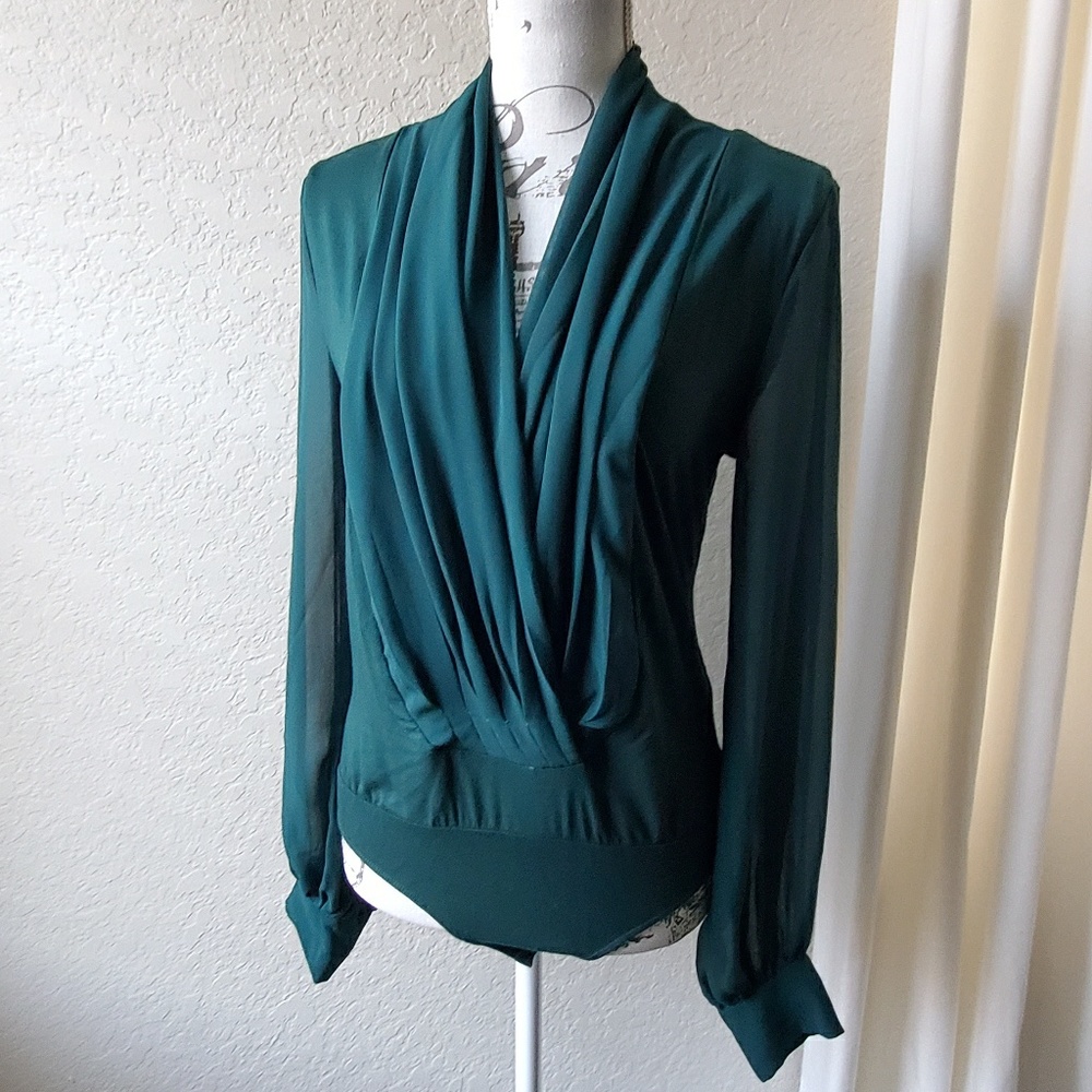 NY&CO. Hunter Green Low V-Neck Bodysuit (New)